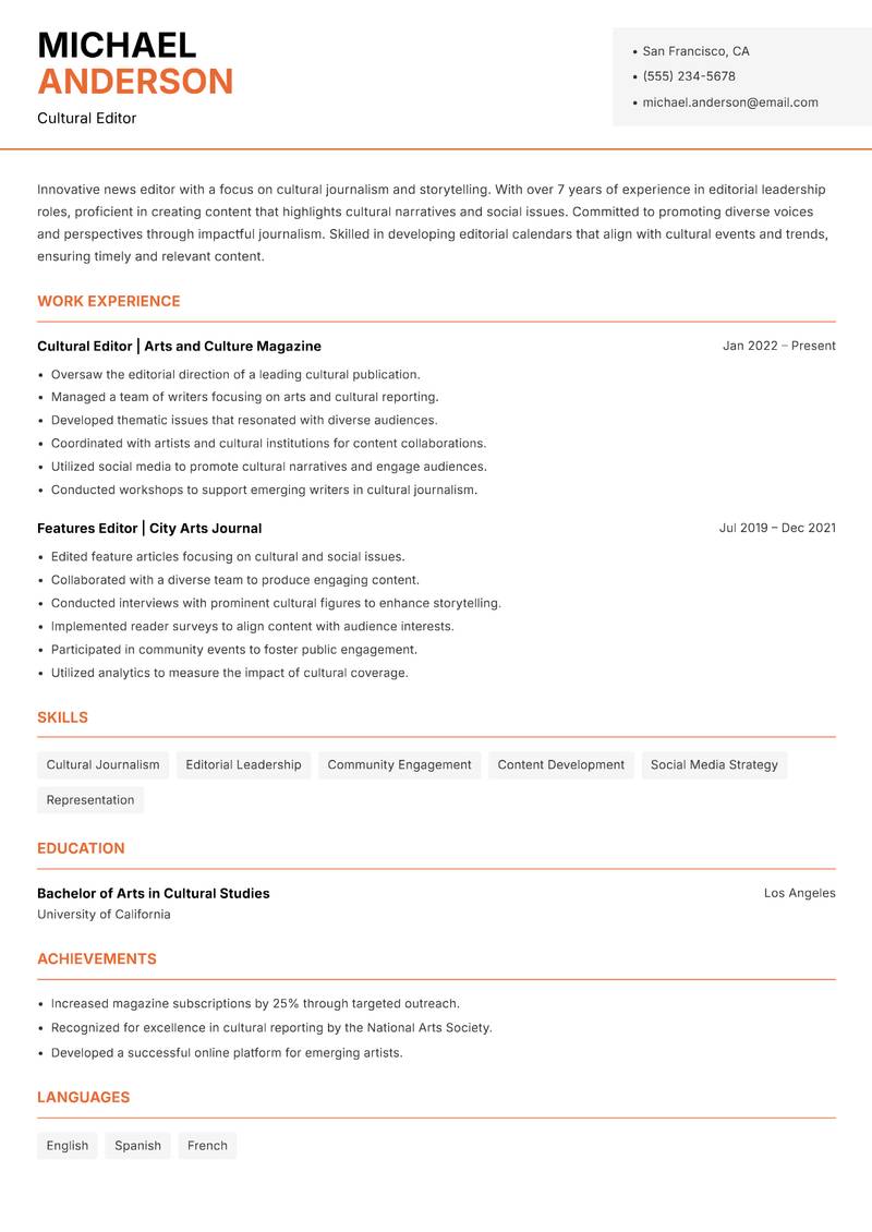 News Editor resume sample — Cultural Editor focus