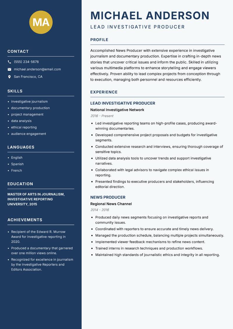 News Producer resume sample — Lead Investigative Producer focus