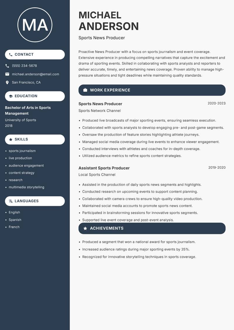 News Producer resume sample — Sports News Producer focus