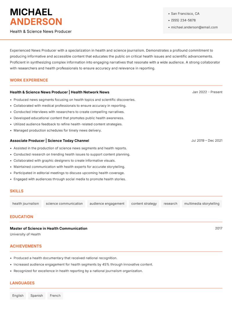 News Producer resume sample — Health & Science News Producer focus