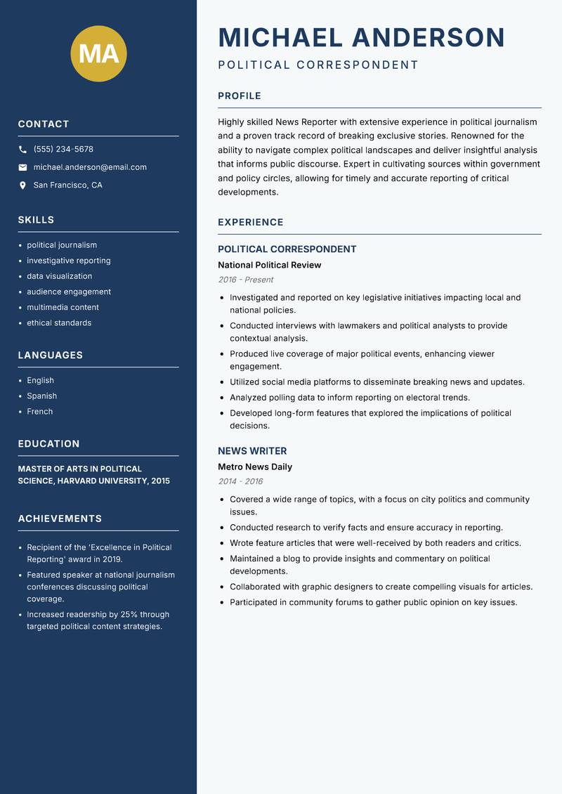 News Reporter resume sample — Political Correspondent focus