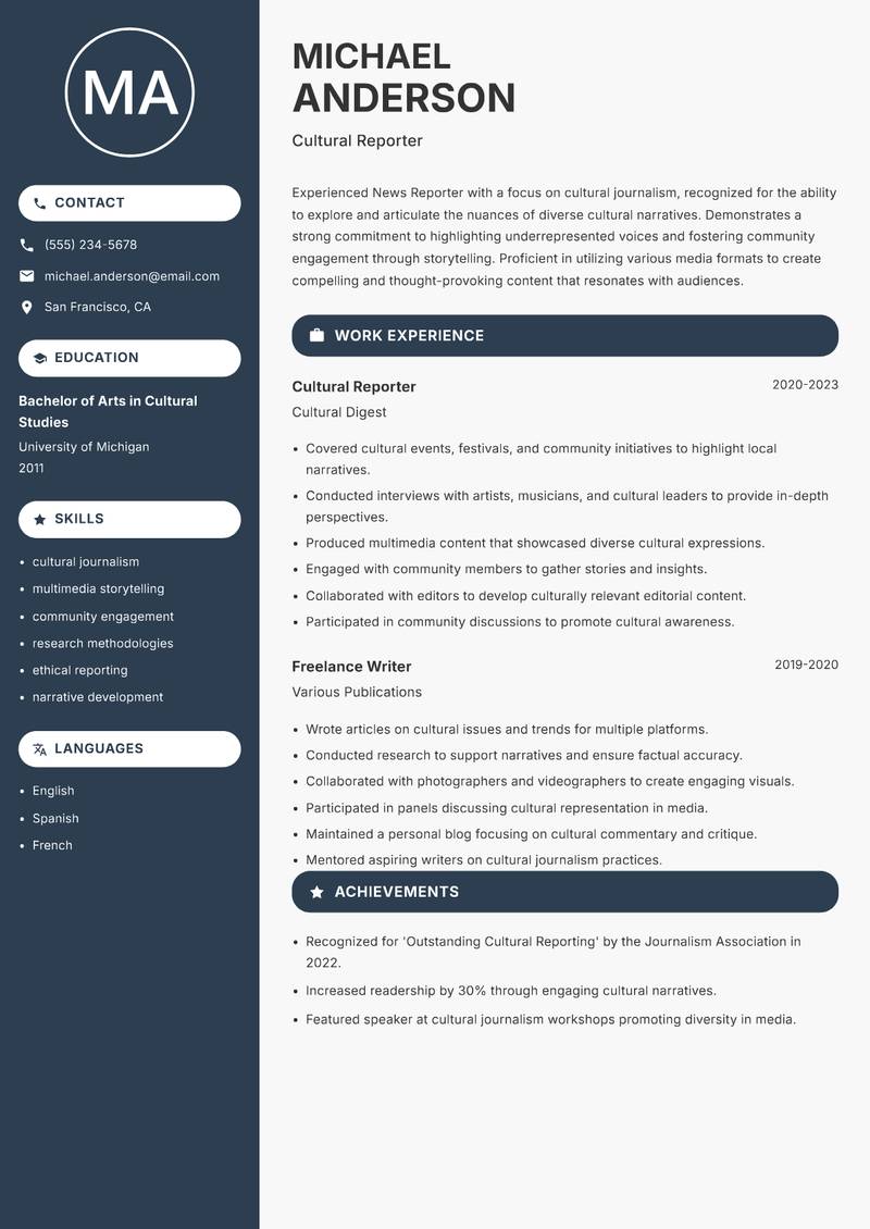 News Reporter resume sample — Cultural Reporter focus