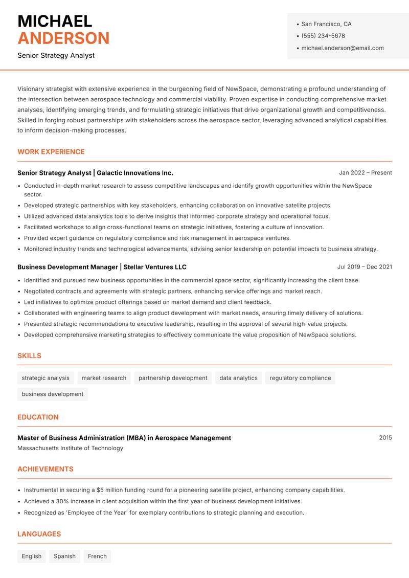NewSpace Strategy Consultant resume sample — Senior Strategy Analyst focus