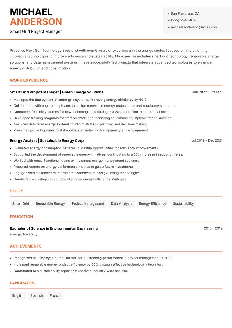 Next Gen Technology Specialist resume sample — Smart Grid Project Manager focus