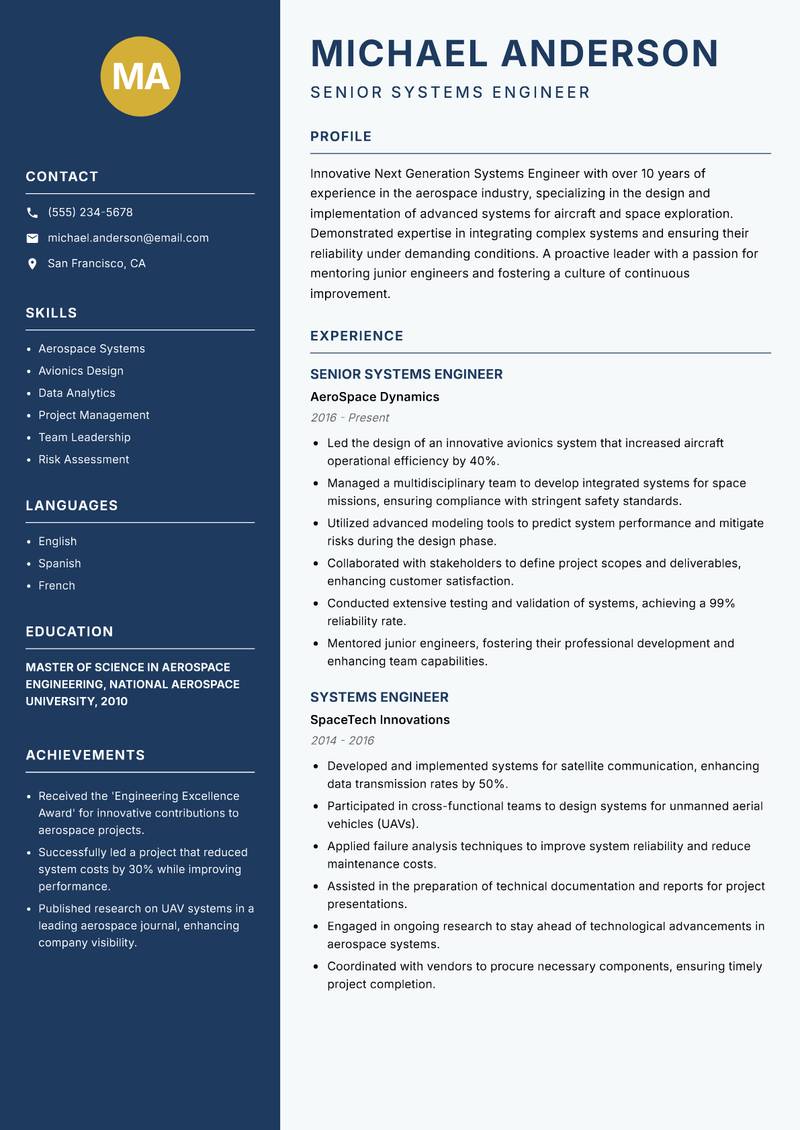 Next Generation Systems Engineer resume sample — Senior Systems Engineer focus
