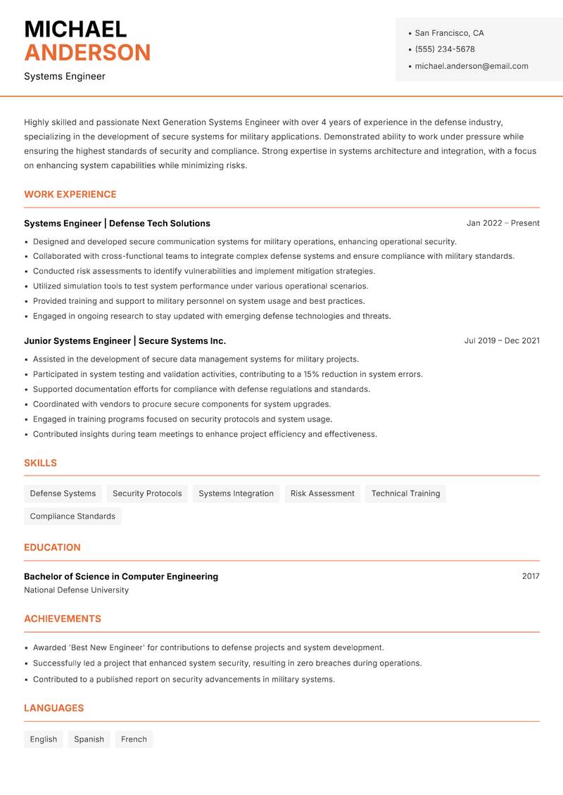 Next Generation Systems Engineer resume sample — Systems Engineer focus
