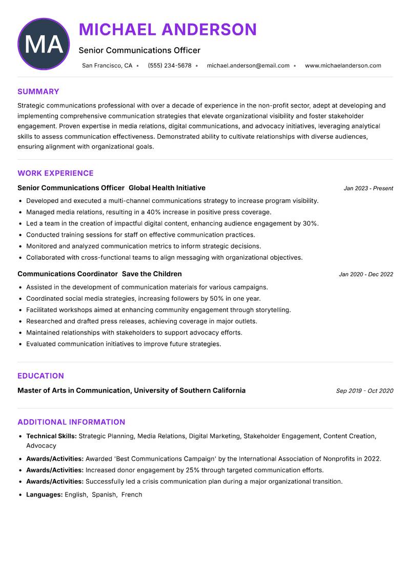 NGO Communications Officer resume example