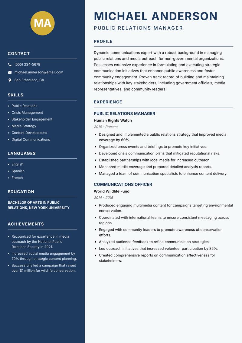 NGO Communications Officer resume sample — Public Relations Manager focus