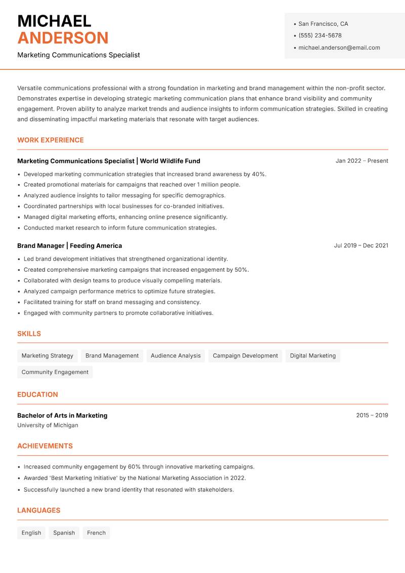 NGO Communications Officer resume sample — Marketing Communications Specialist focus