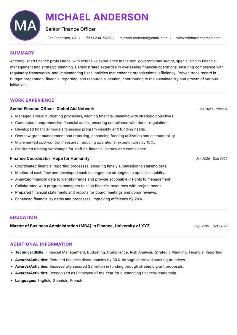 NGO Finance Officer resume example