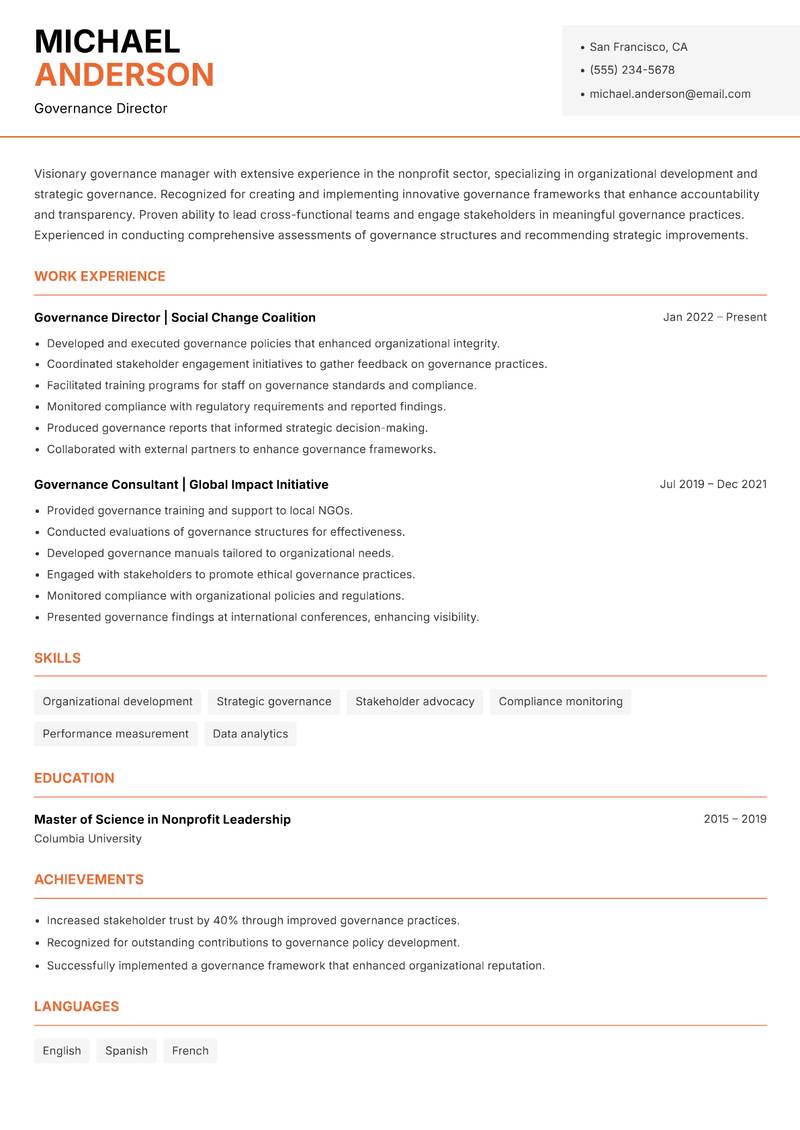 NGO Governance Manager resume sample — Governance Director focus