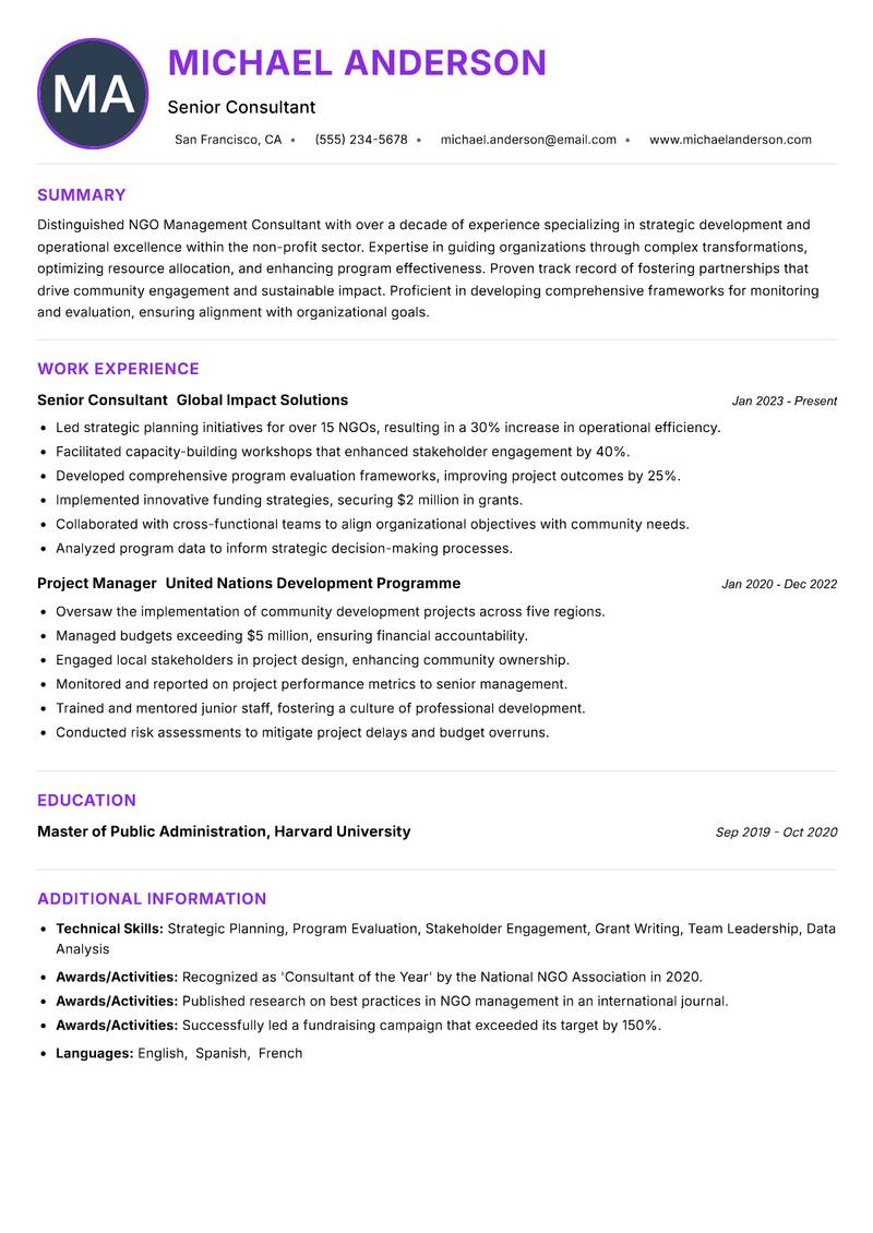 NGO Management Consultant resume example
