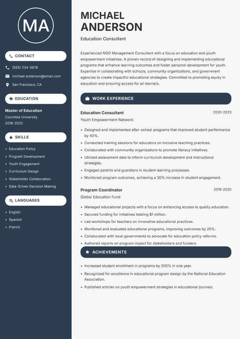 NGO Management Consultant resume sample — Education Consultant focus