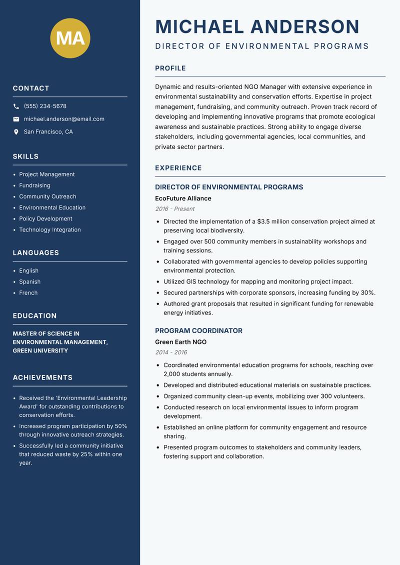 NGO Manager resume sample — Director of Environmental Programs focus