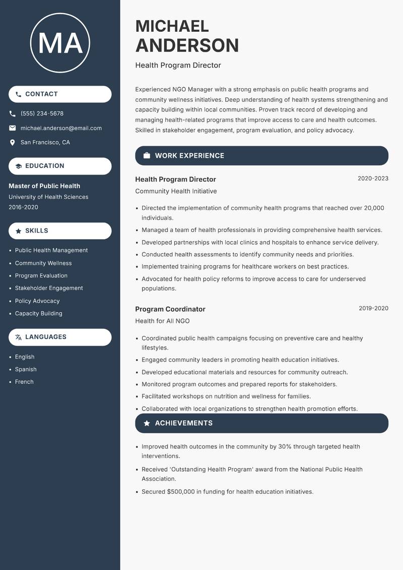 NGO Manager resume sample — Health Program Director focus