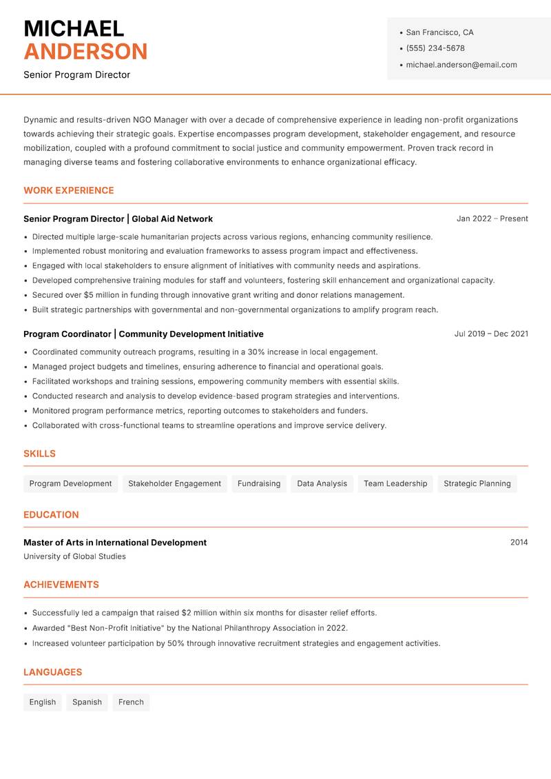 NGO Manager resume sample — Senior Program Director focus