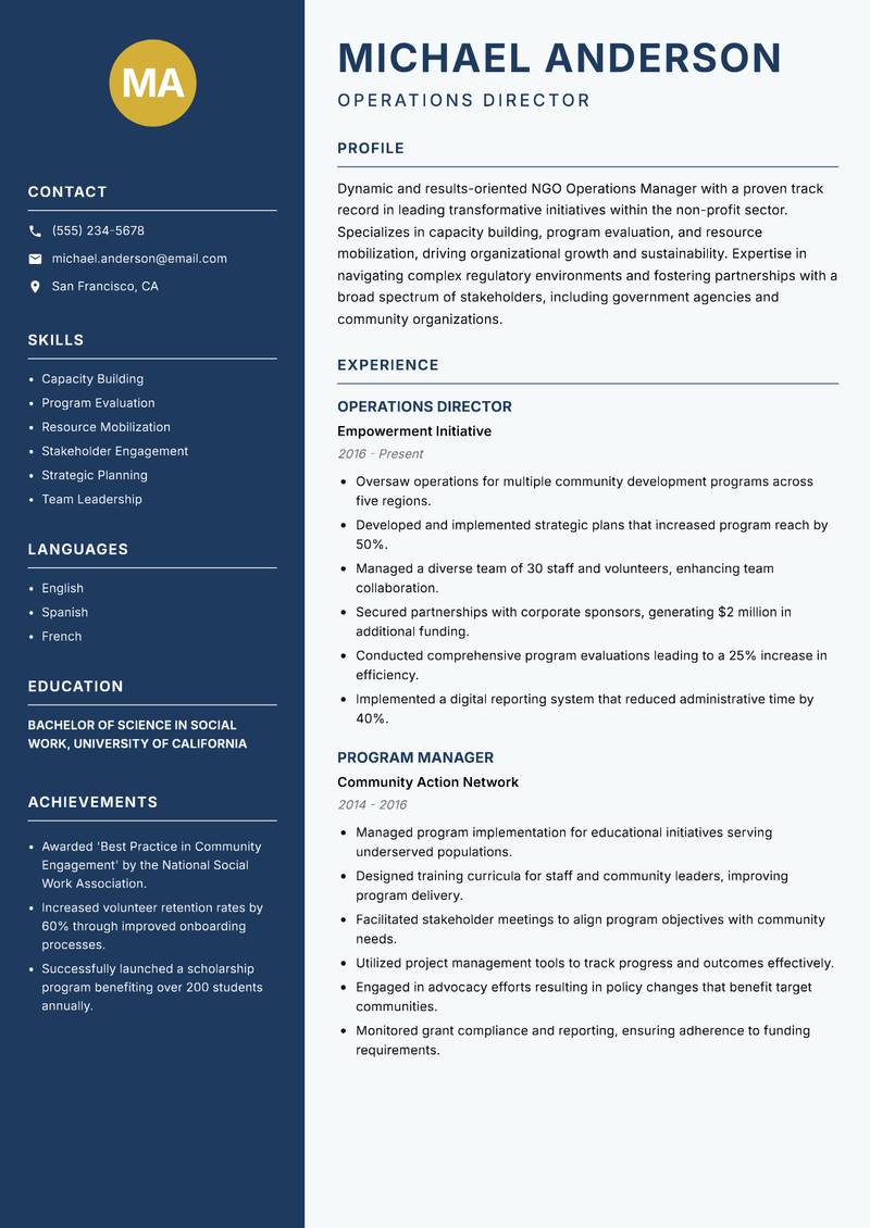 NGO Operations Manager resume sample — Operations Director focus