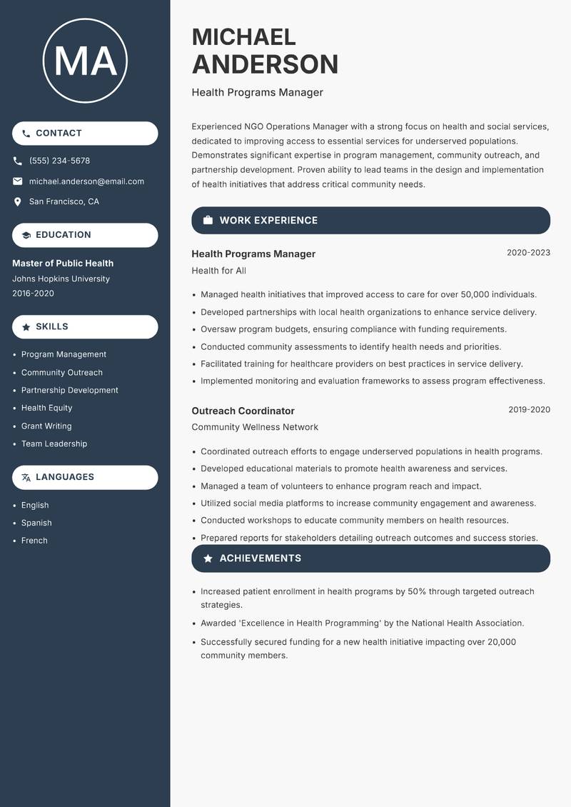 NGO Operations Manager resume sample — Health Programs Manager focus