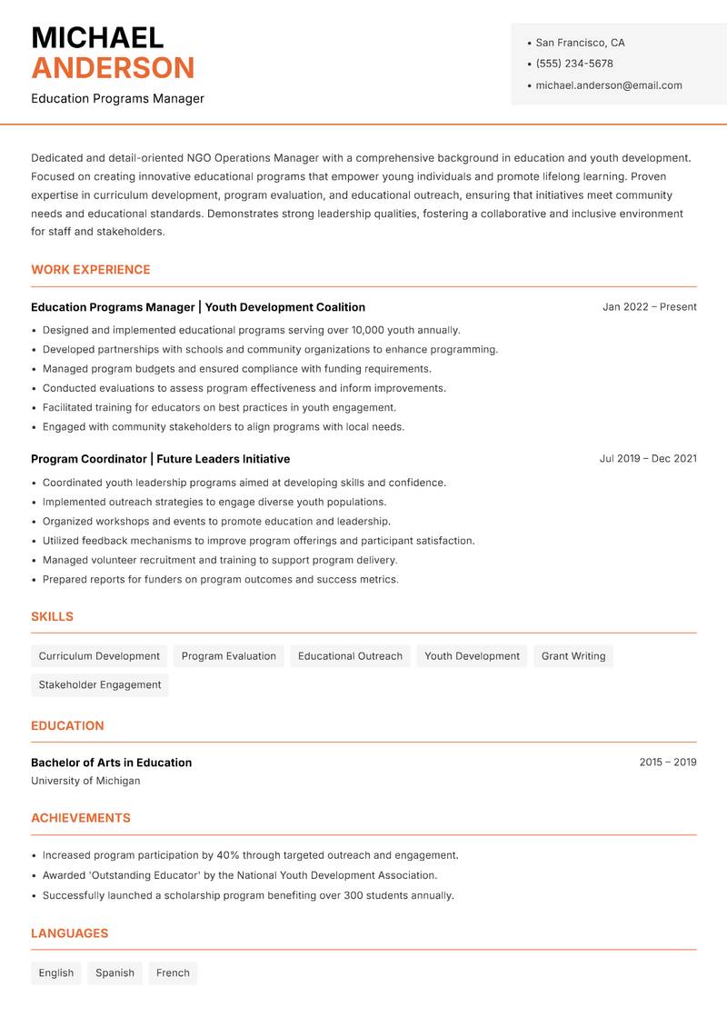 NGO Operations Manager resume sample — Education Programs Manager focus
