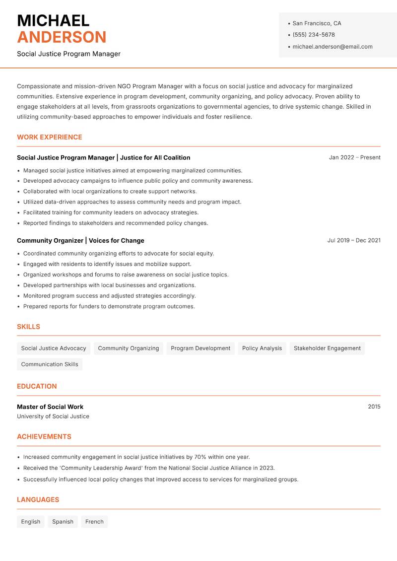 NGO Program Manager resume sample — Social Justice Program Manager focus