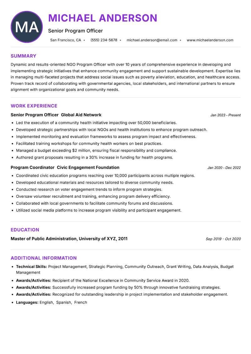 NGO Program Officer resume example