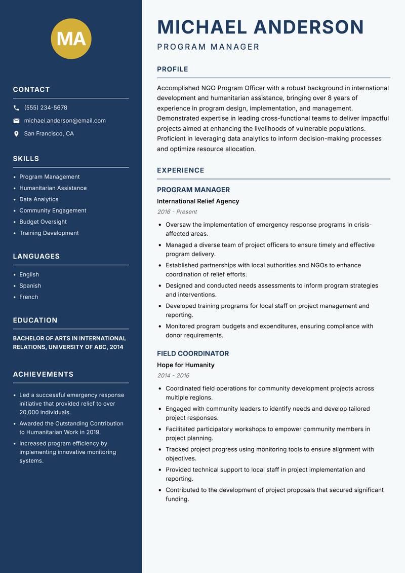 NGO Program Officer resume sample — Program Manager focus