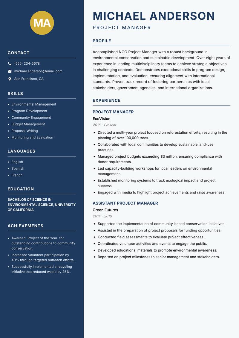 NGO Project Manager resume sample — Project Manager focus