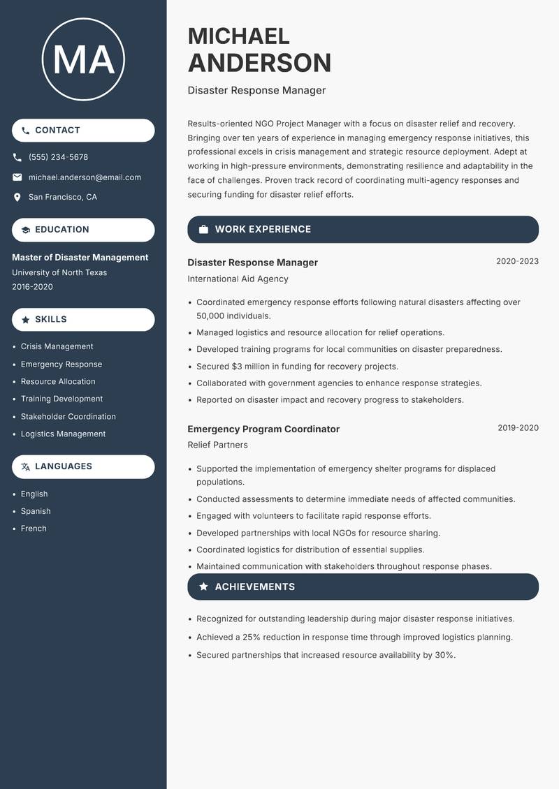 NGO Project Manager resume sample — Disaster Response Manager focus