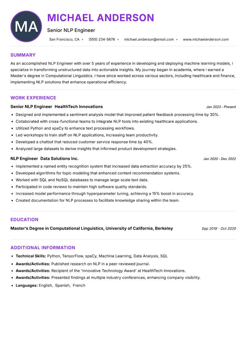 NLP Engineer resume example