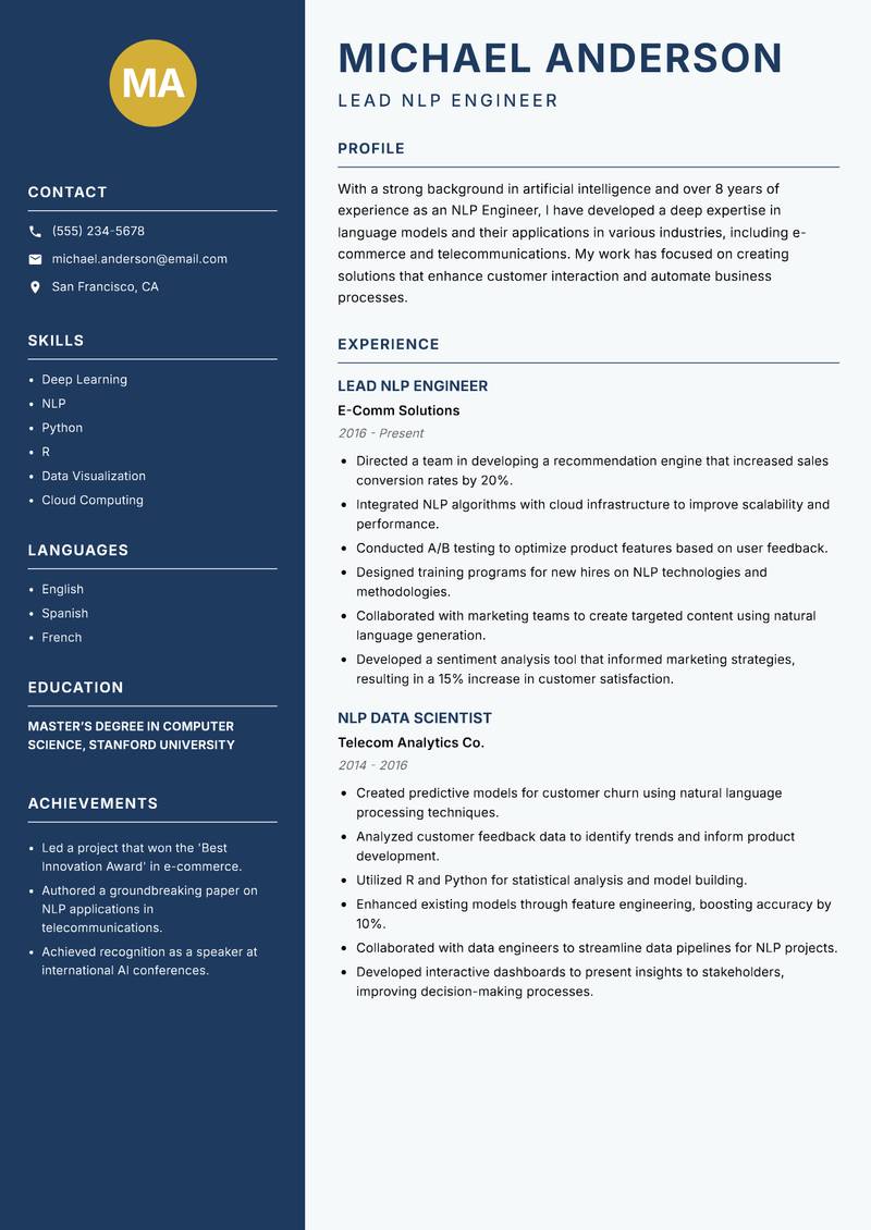 NLP Engineer resume sample — Lead NLP Engineer focus