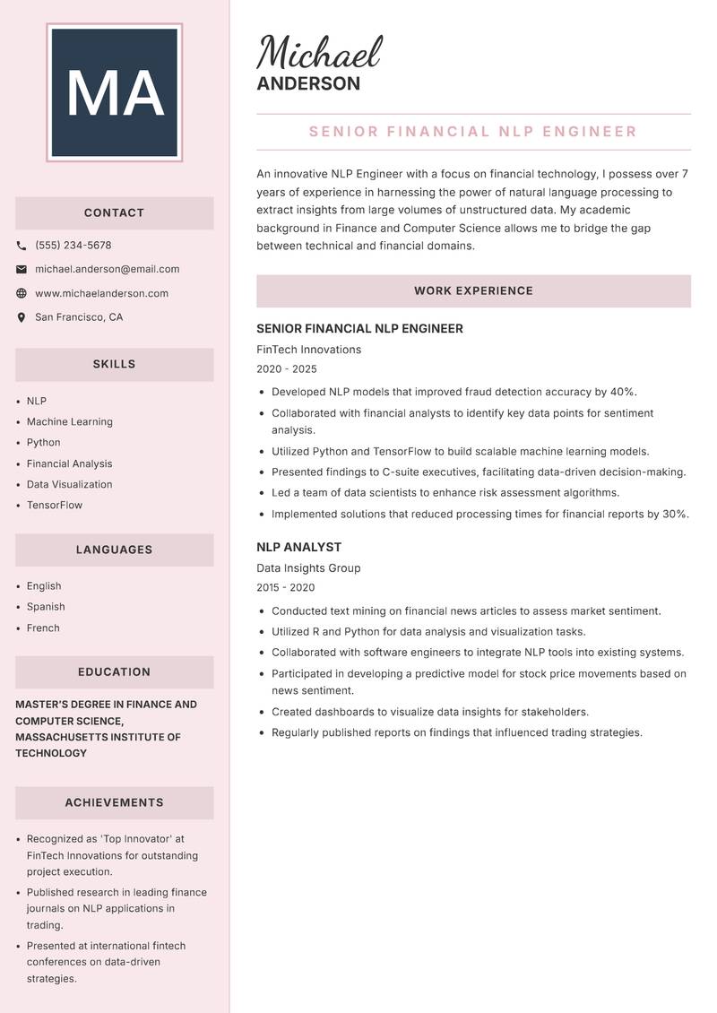 NLP Engineer resume sample — Senior Financial NLP Engineer focus