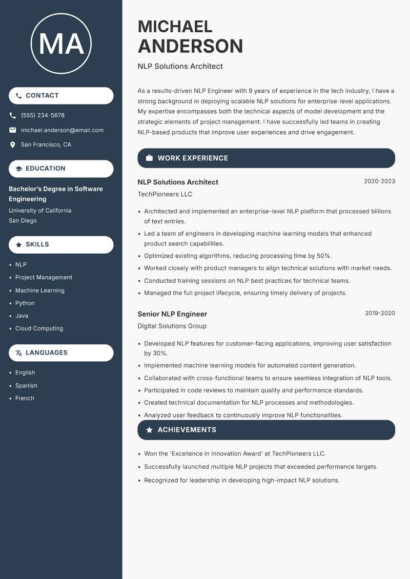NLP Engineer resume sample — NLP Solutions Architect focus