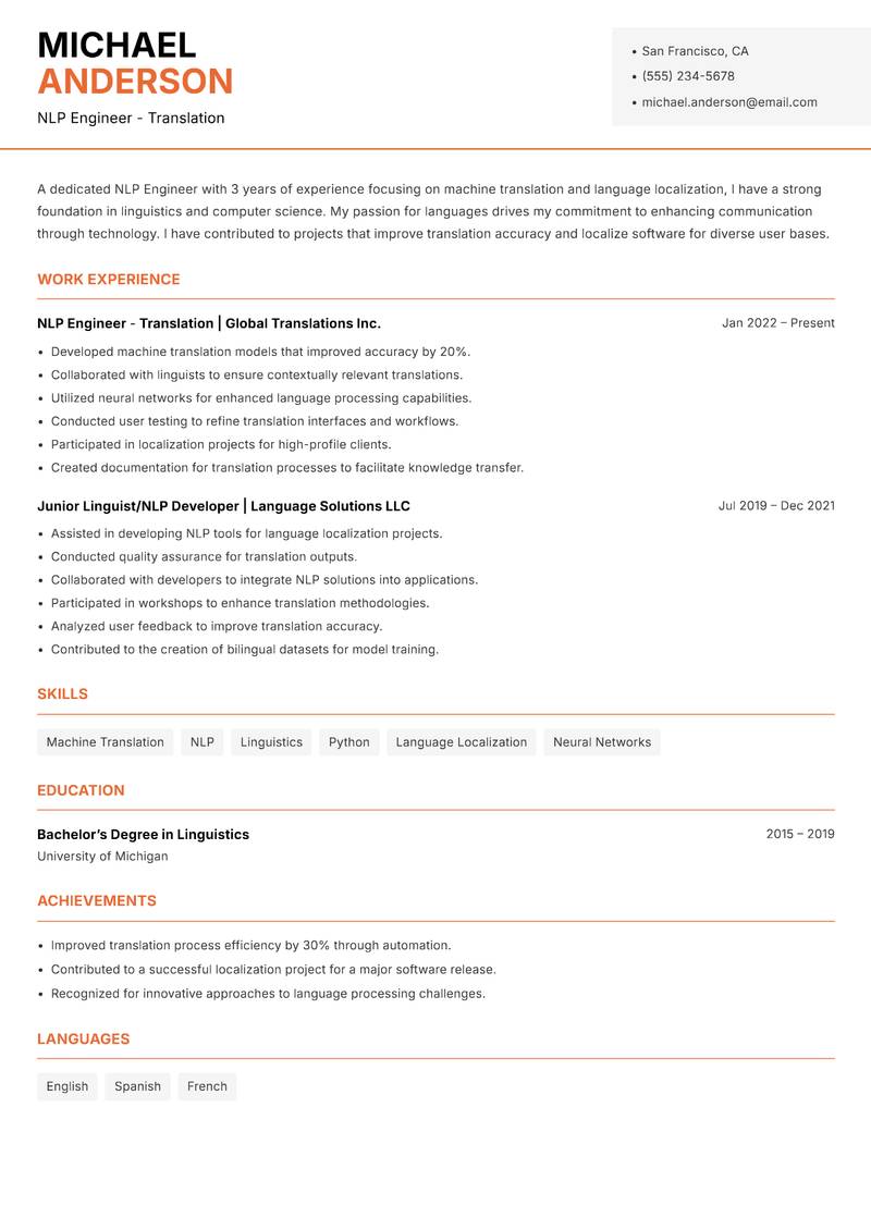 NLP Engineer resume sample — NLP Engineer - Translation focus