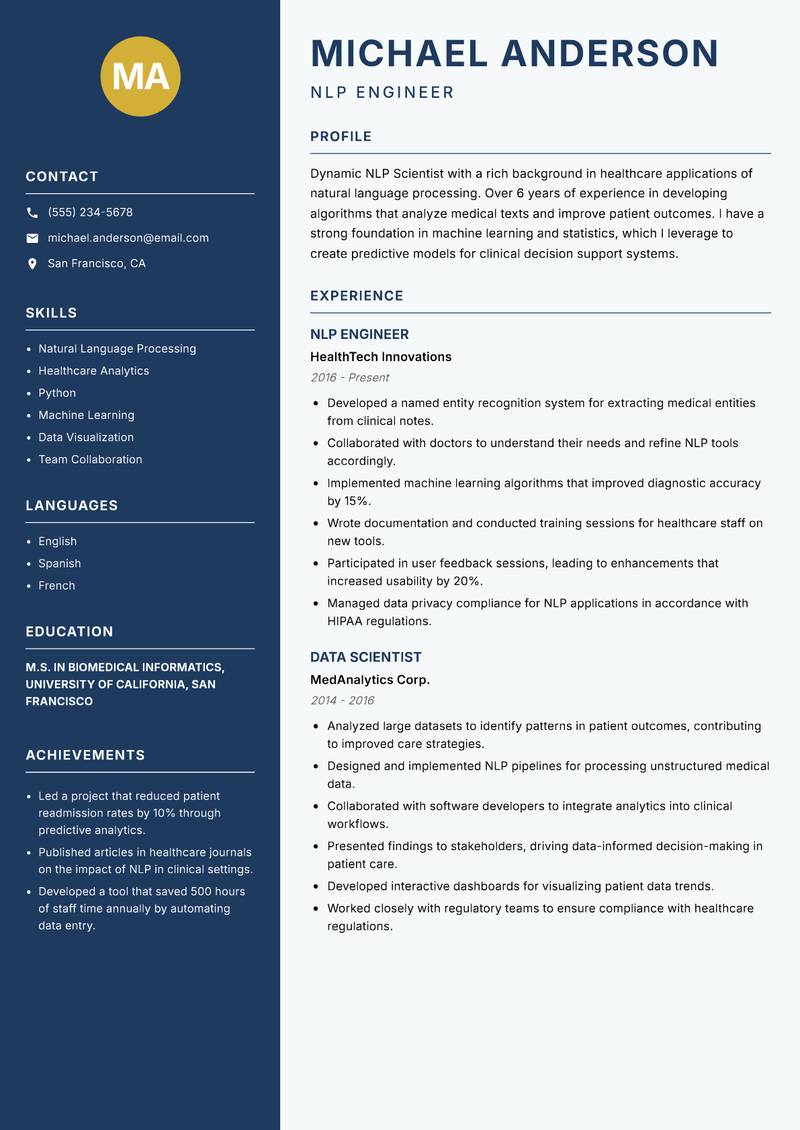 NLP Scientist resume sample — NLP Engineer focus