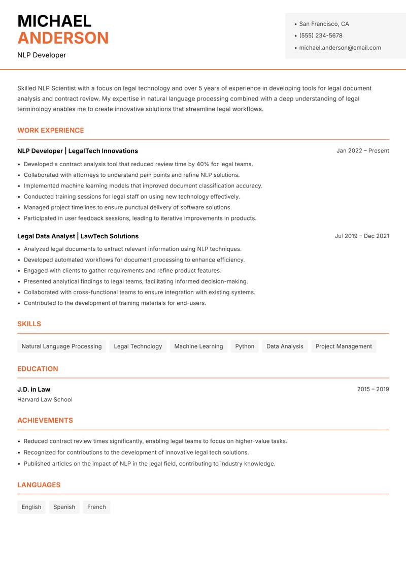NLP Scientist resume sample — NLP Developer focus