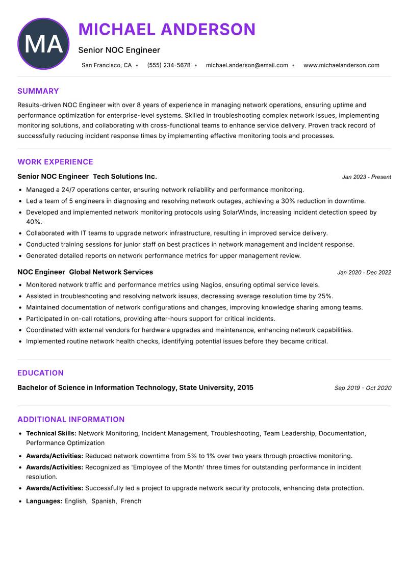 NOC Engineer resume example