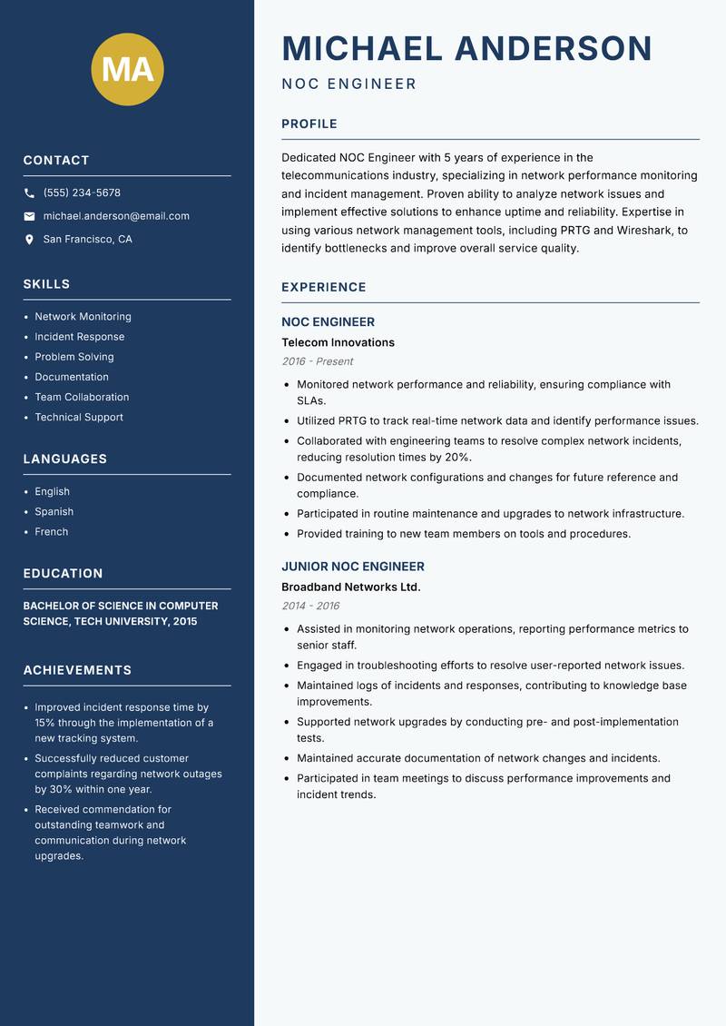NOC Engineer resume sample — NOC Engineer focus