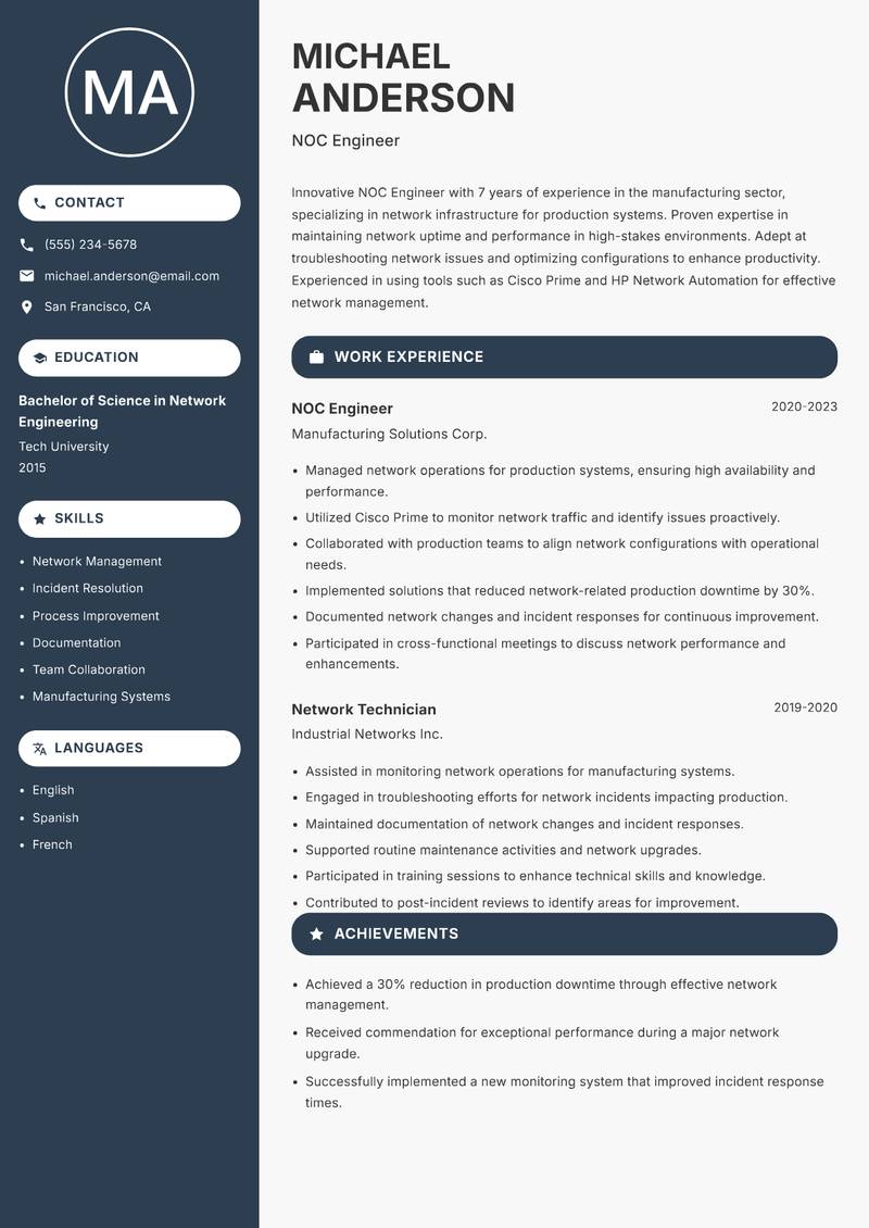 NOC Engineer resume sample — NOC Engineer focus