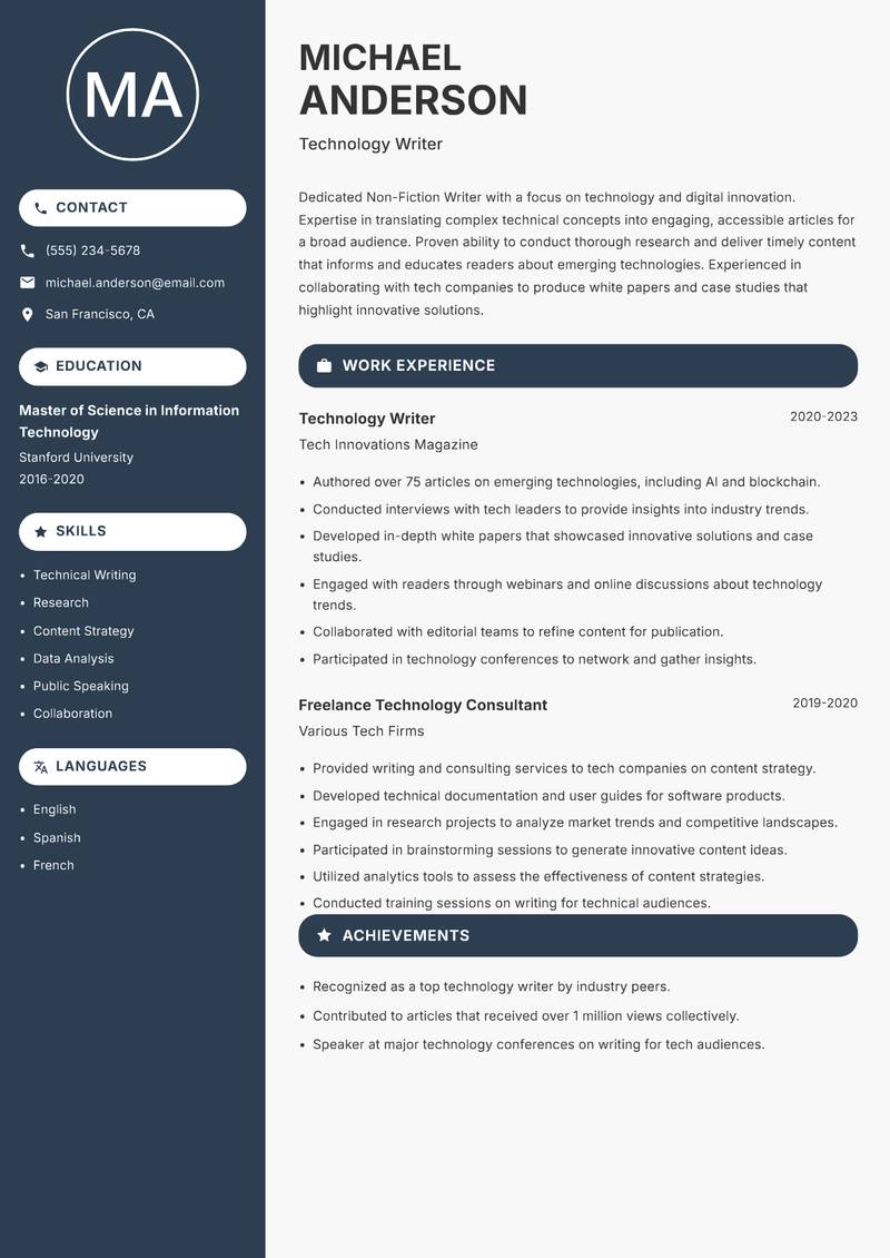 Non Fiction Writer resume sample — Technology Writer focus