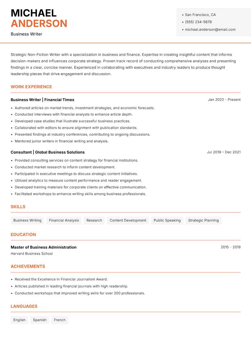 Non Fiction Writer resume sample — Business Writer focus