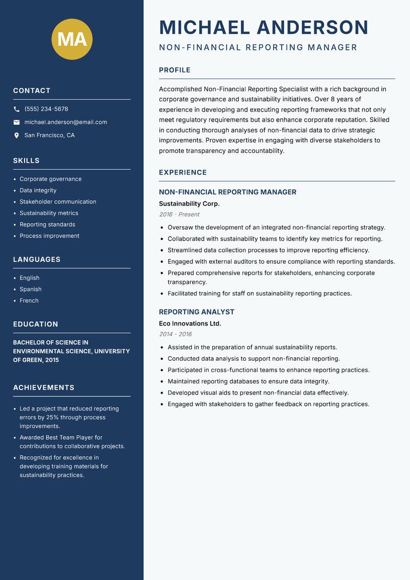 Non-Financial Reporting Specialist resume sample — Non-Financial Reporting Manager focus