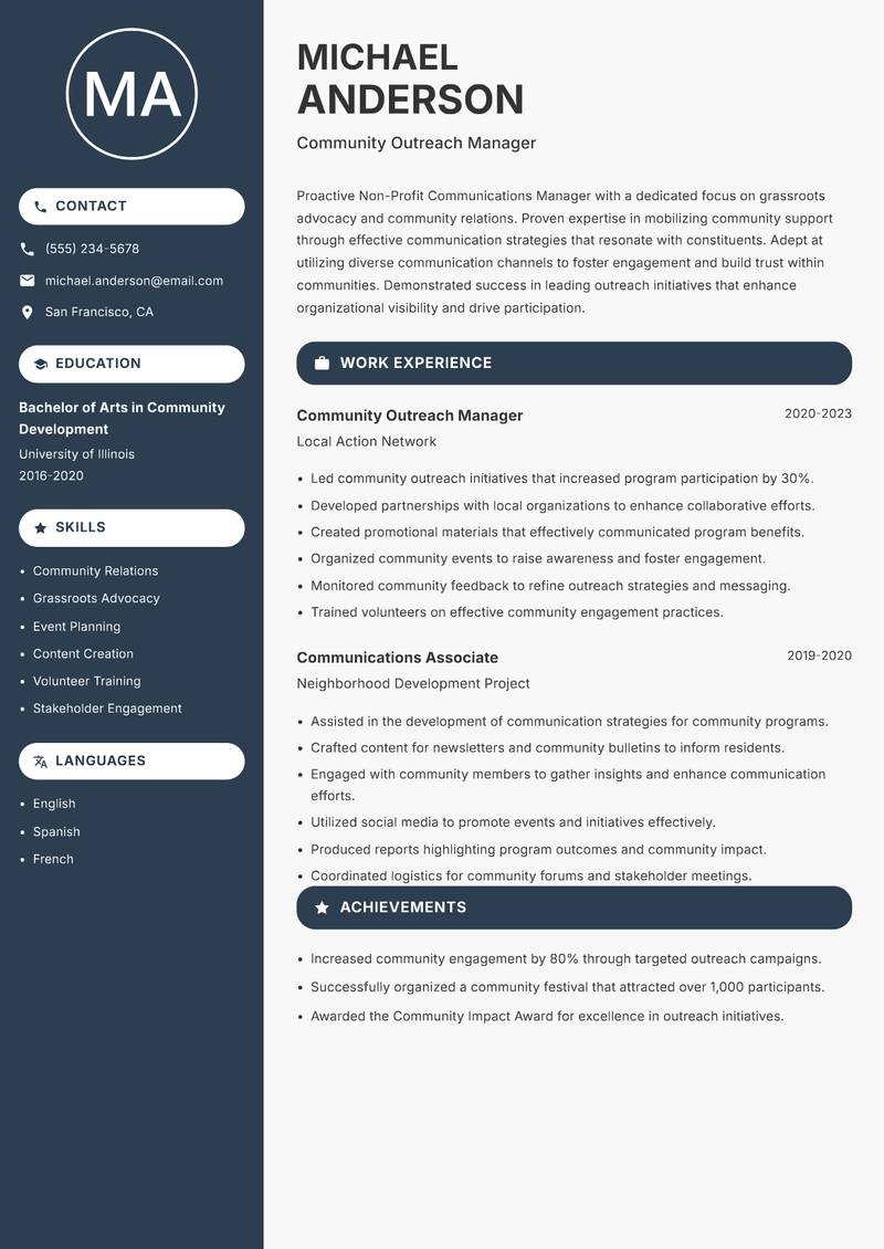 Non-Profit Communications Manager resume sample — Community Outreach Manager focus
