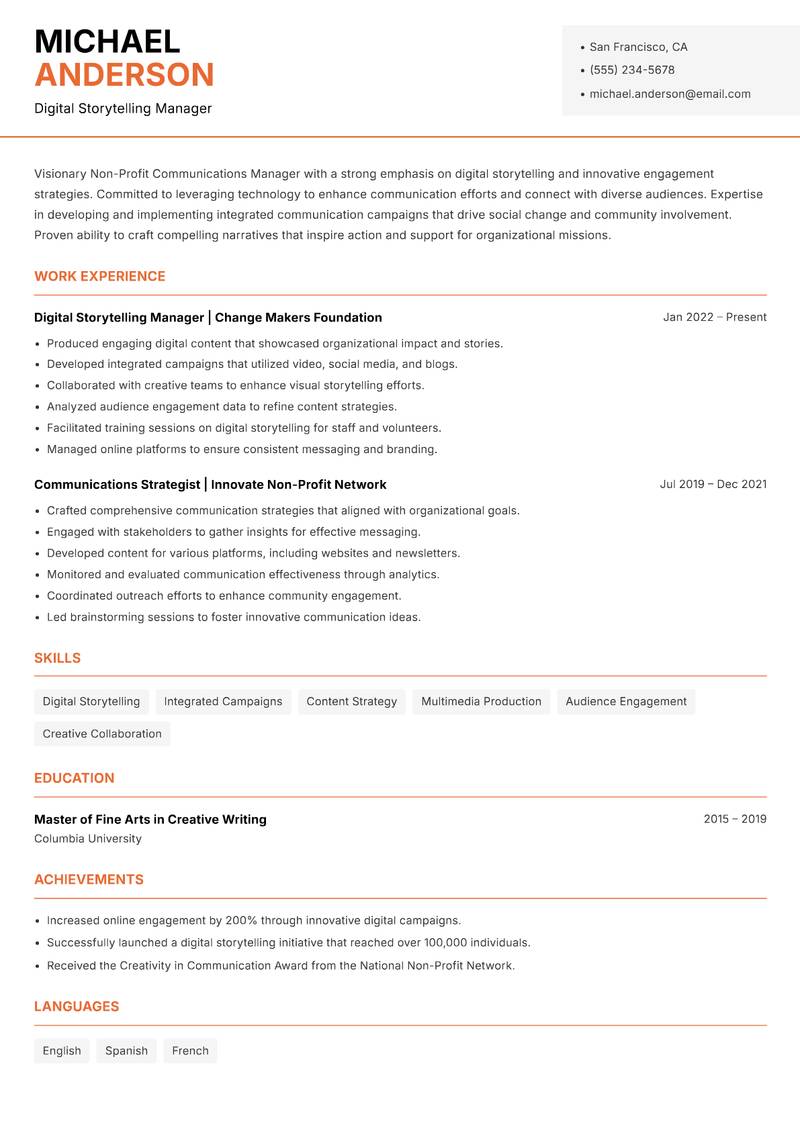 Non-Profit Communications Manager resume sample — Digital Storytelling Manager focus
