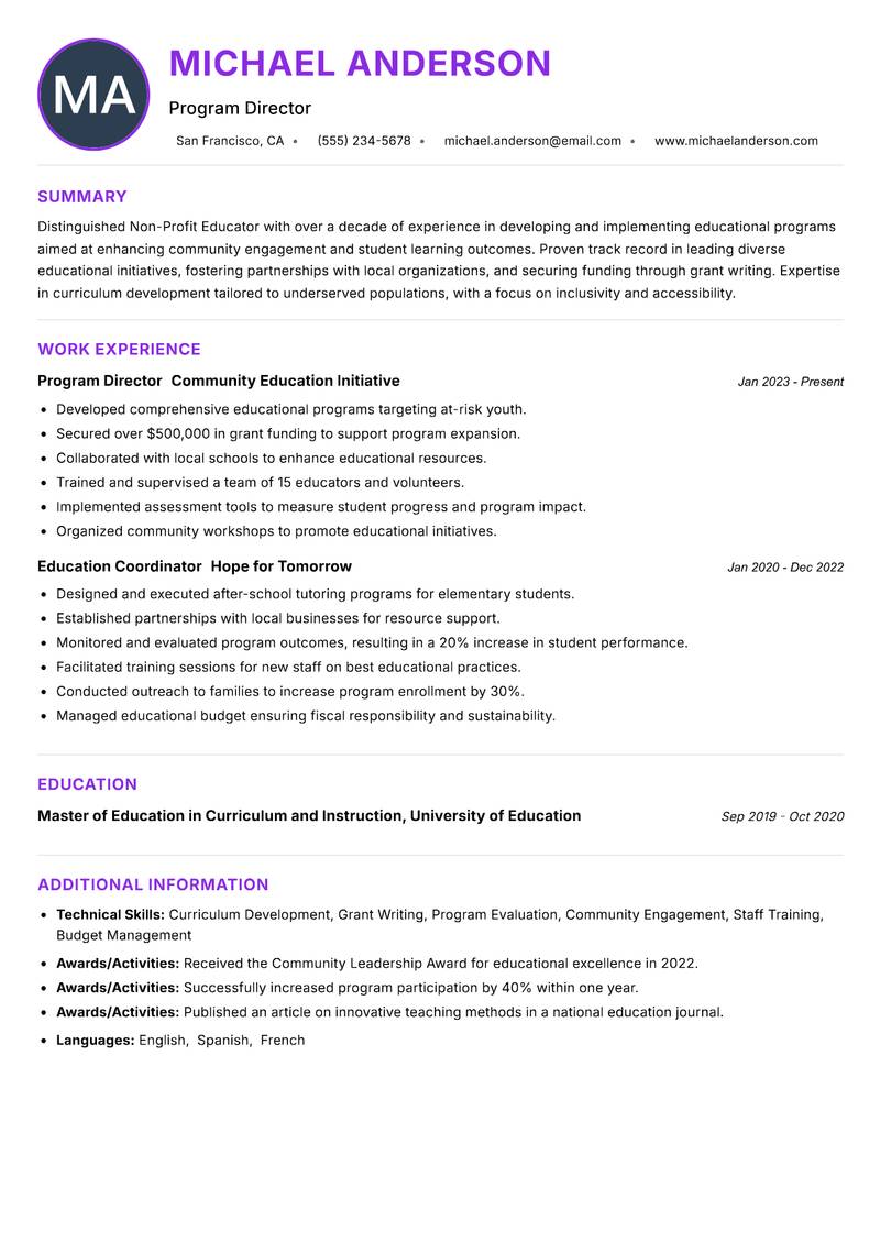 Non-Profit Educator resume example