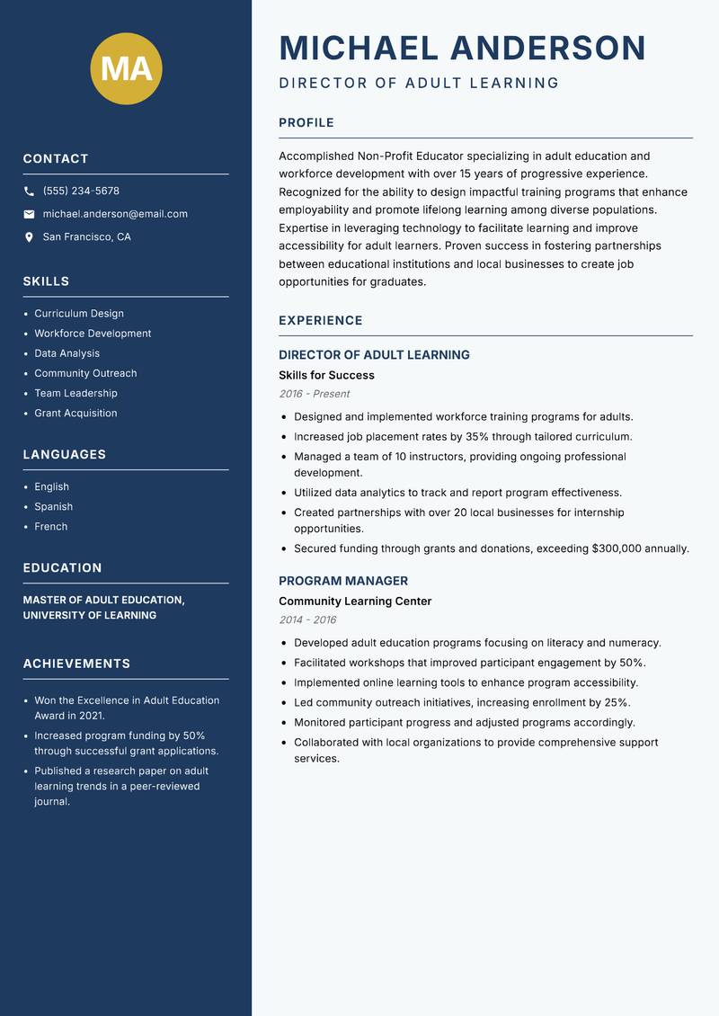 Non-Profit Educator resume sample — Director of Adult Learning focus
