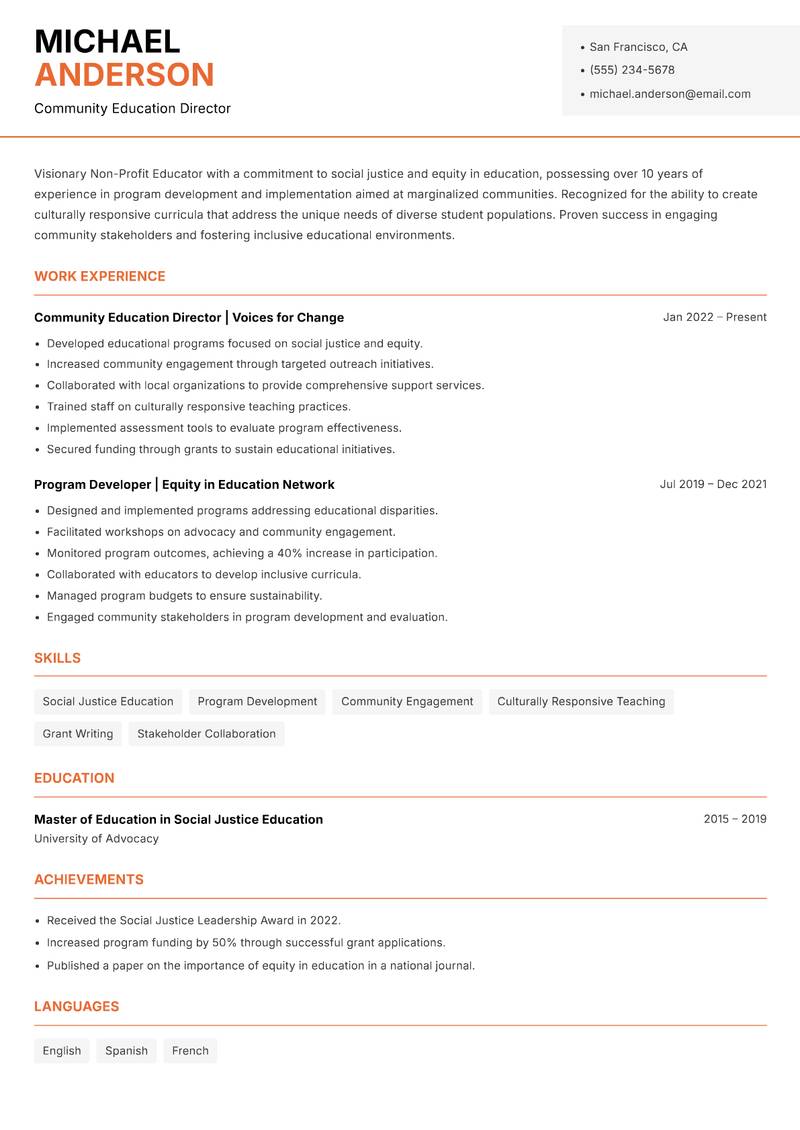 Non-Profit Educator resume sample — Community Education Director focus
