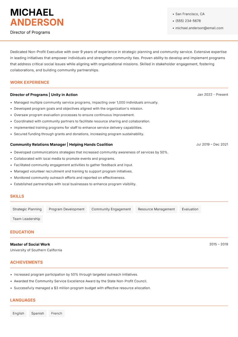 Non-Profit Executive resume sample — Director of Programs focus