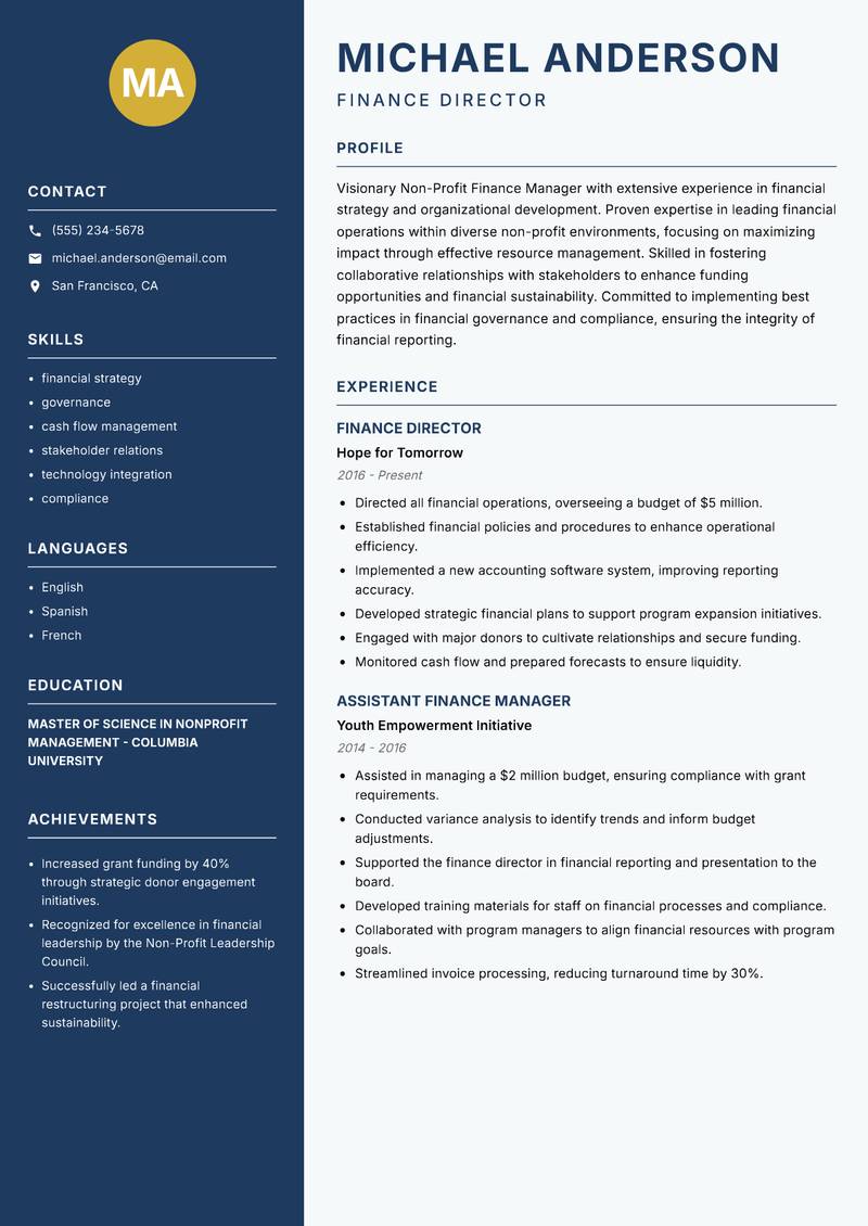 Non-Profit Finance Manager resume sample — Finance Director focus