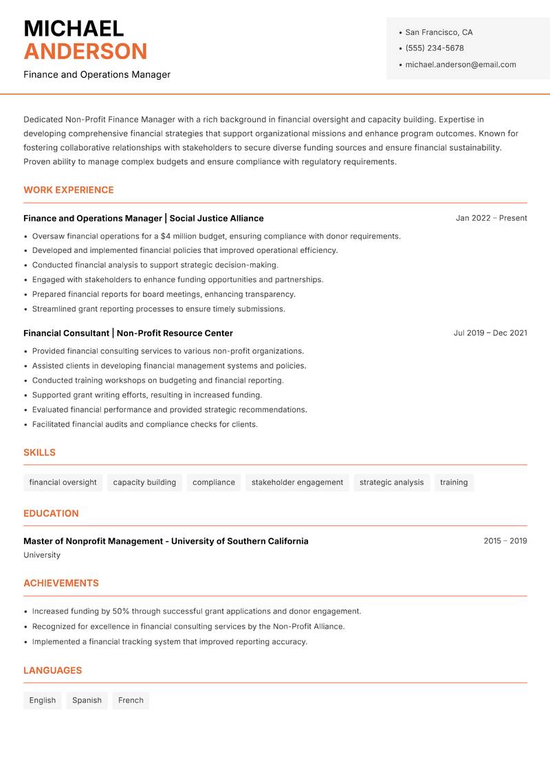 Non-Profit Finance Manager resume sample — Finance and Operations Manager focus
