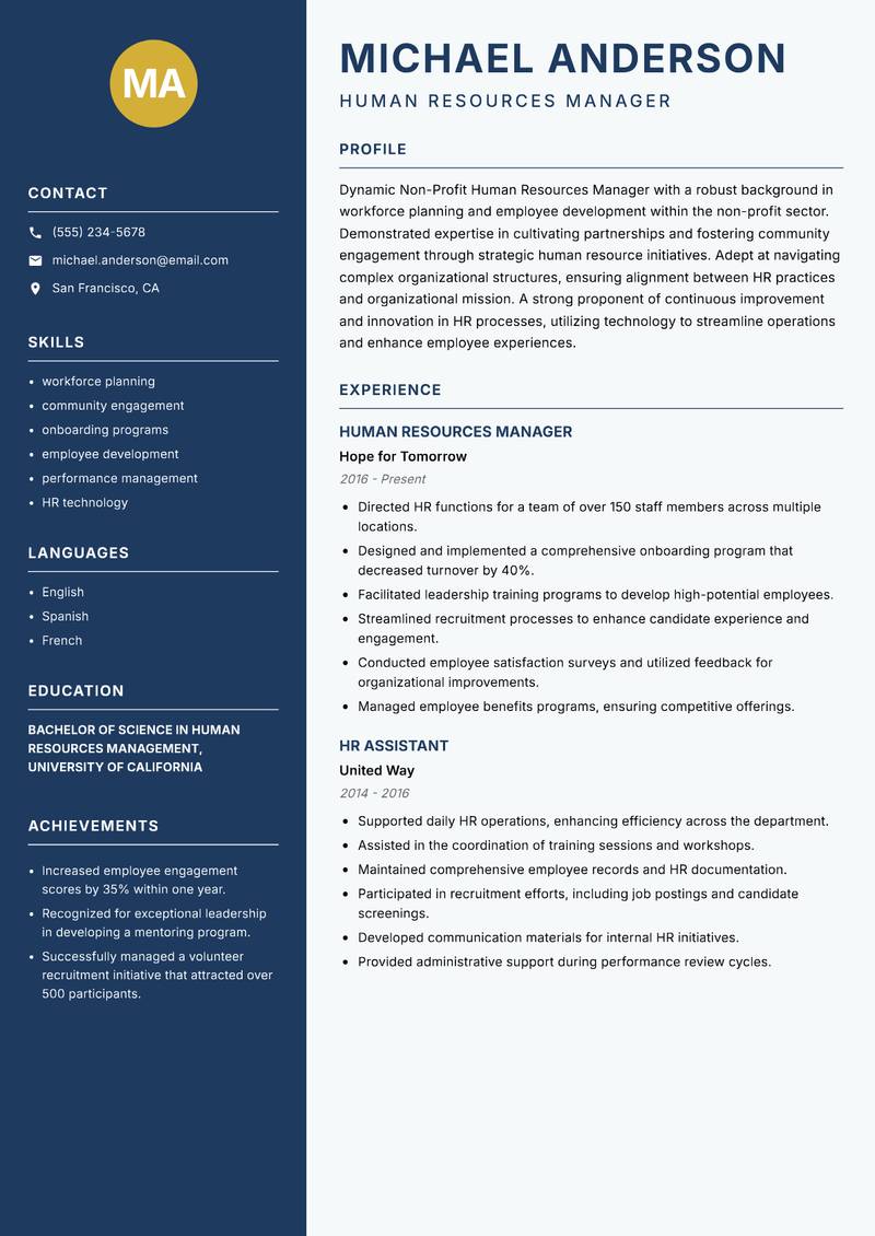 Non-Profit Human Resources Manager resume sample — Human Resources Manager focus